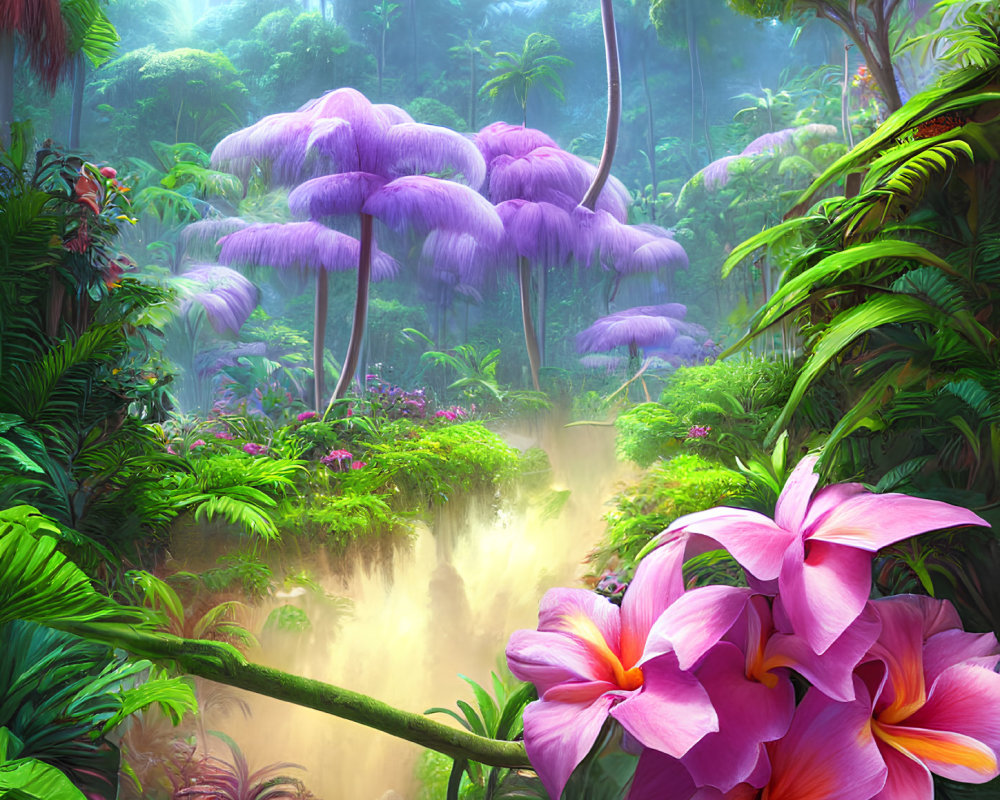 Fantasy Jungle with Purple Mushrooms, Greenery, Pink Flowers, and Mist