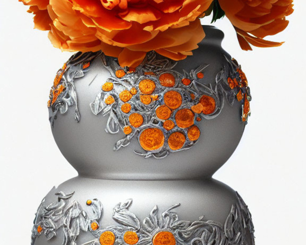 Orange Peony in Silver Vase on White Background