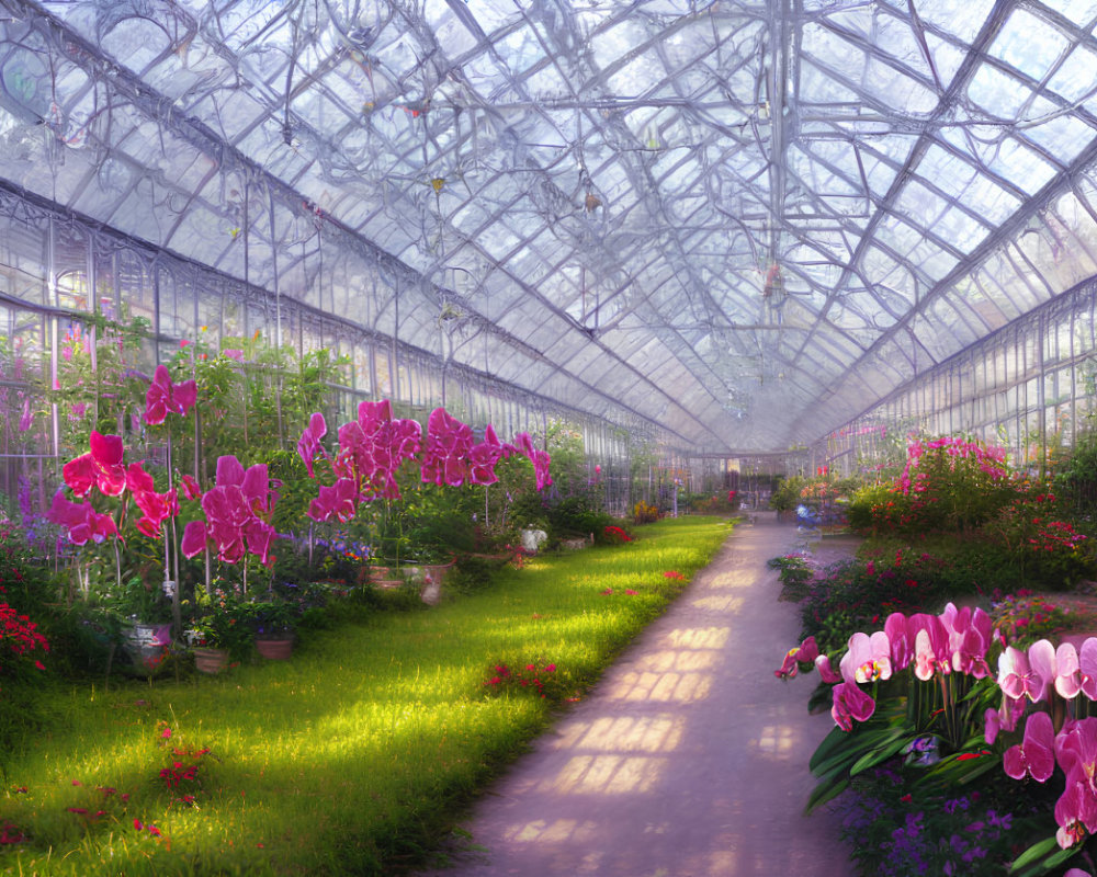 Vibrant orchids and lush plants in sunlit greenhouse