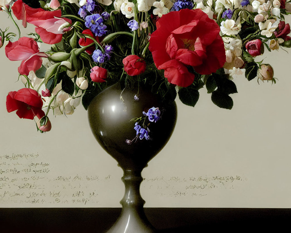 Dark Vase with Vibrant Flower Bouquet on Cream Background