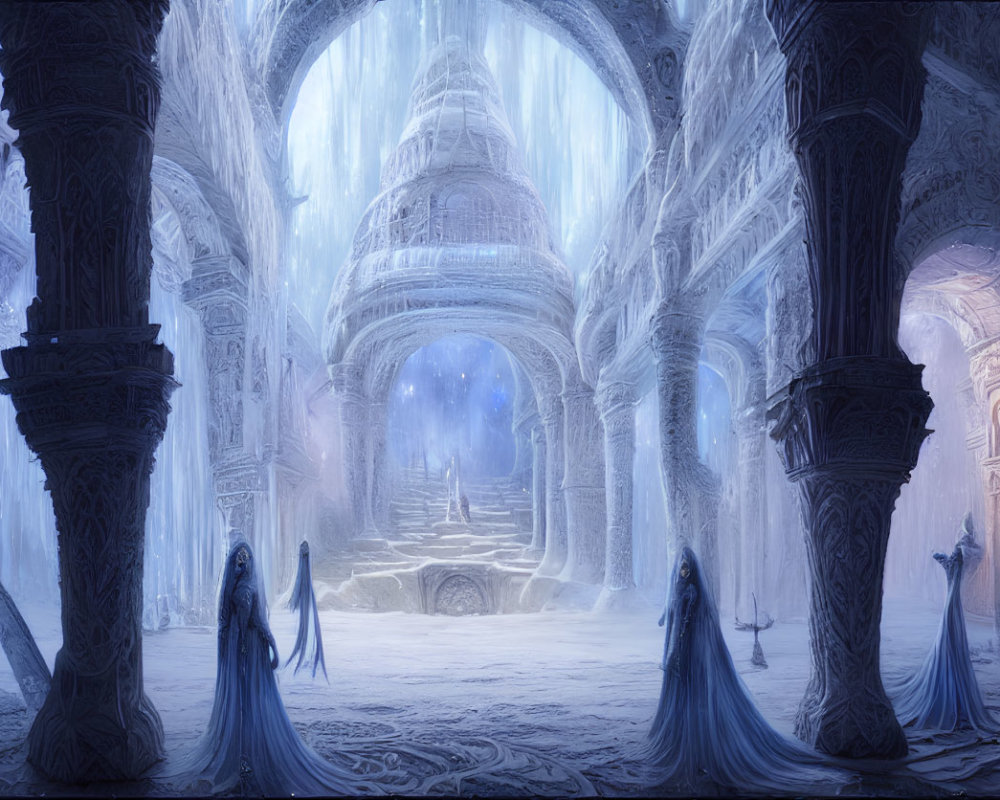 Mystical Ice Palace Interior with Frozen Arches and Robed Figures