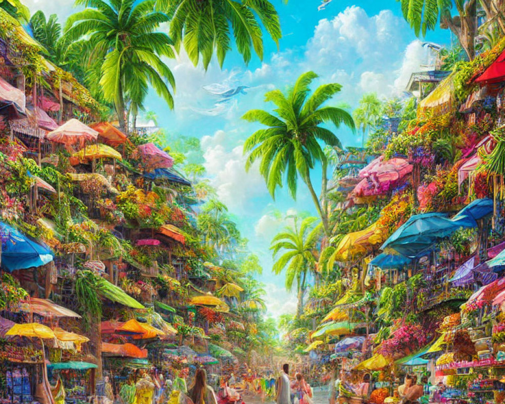 Colorful market street with lush greenery and vibrant stalls under blue sky