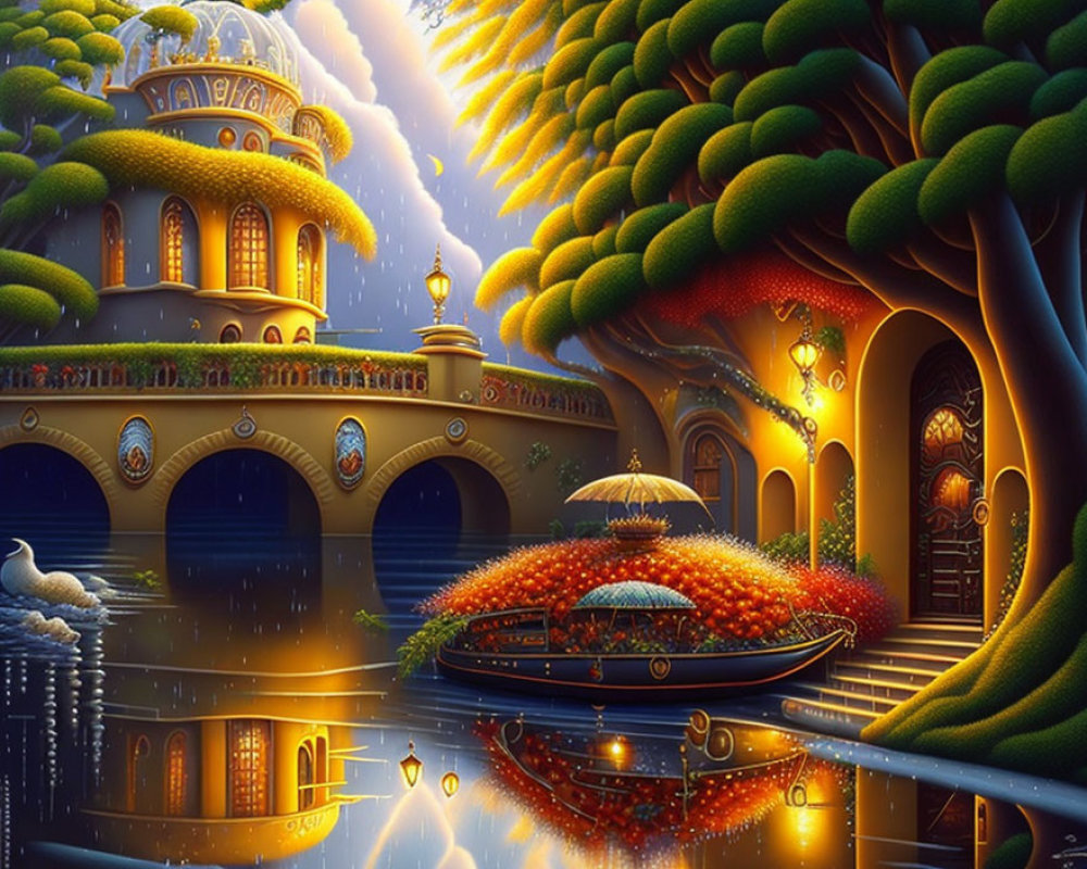 Fantastical night landscape with golden-domed building, lanterns, lush trees, boat, and