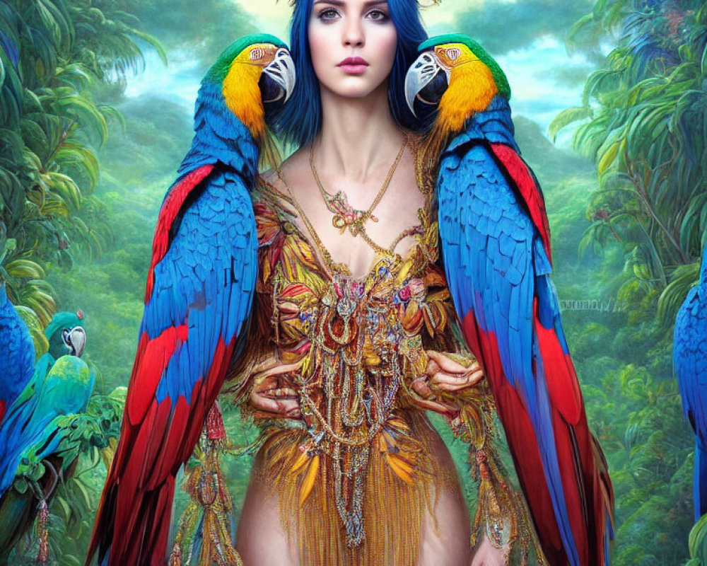 Striking blue-eyed woman with golden headdress among vibrant macaws in lush forest