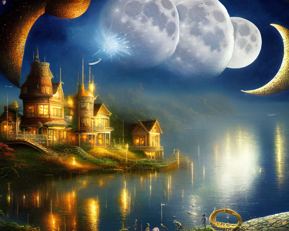 Fantasy lakeside mansion under multiple moons and shooting star.