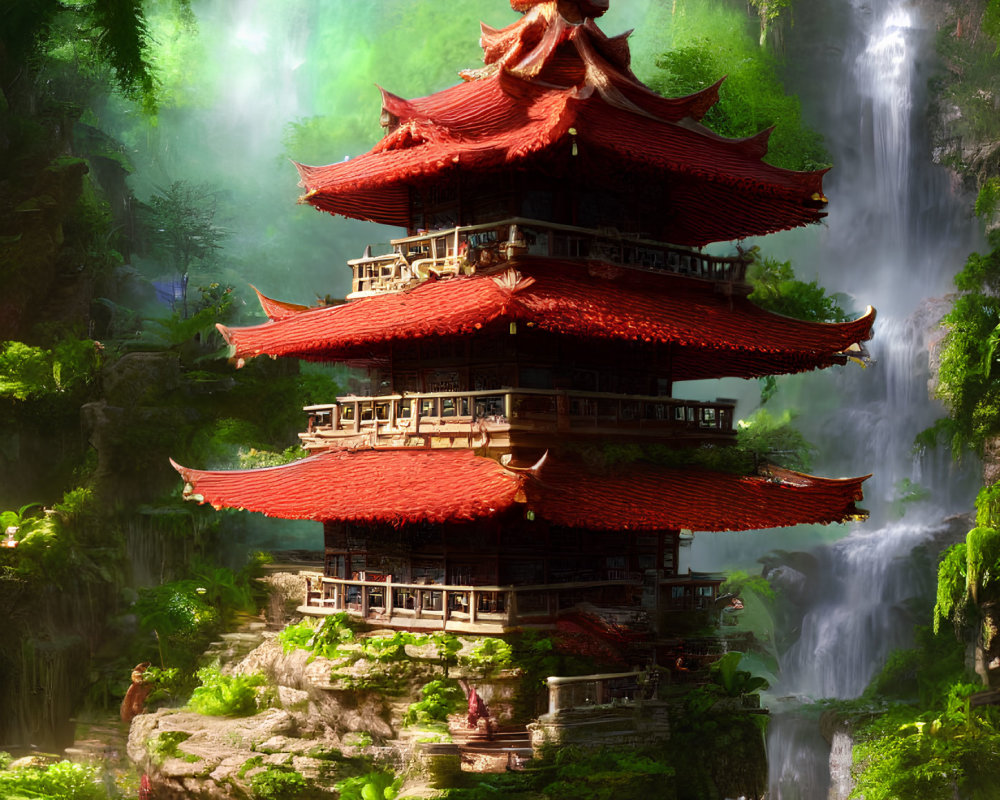 Traditional multi-tiered pagoda in lush forest with waterfalls & mist.