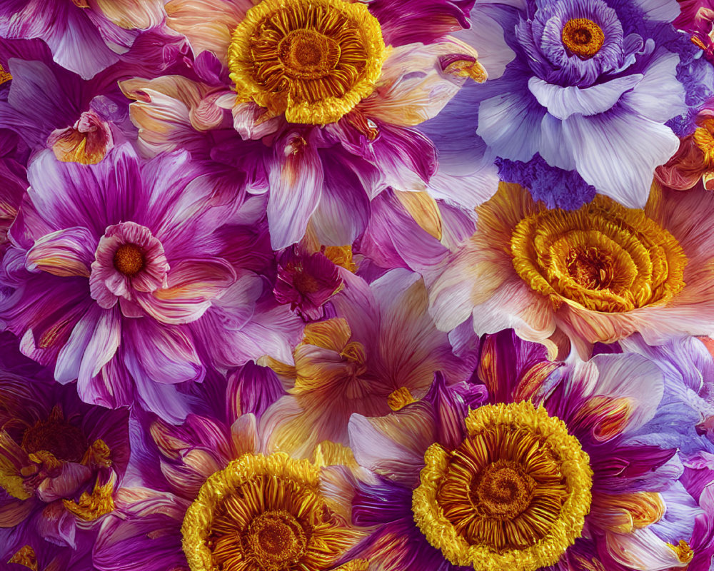 Assorted flowers close-up in vibrant purples and golds