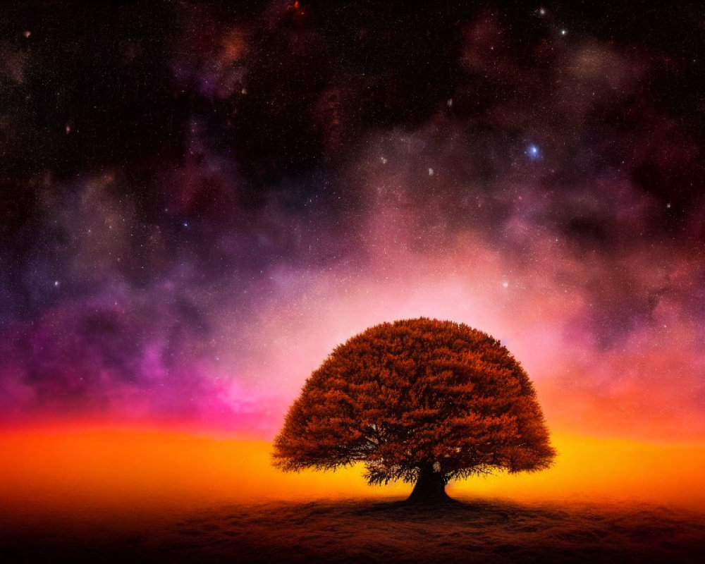 Vibrant lone tree under starry night sky with orange leaves.