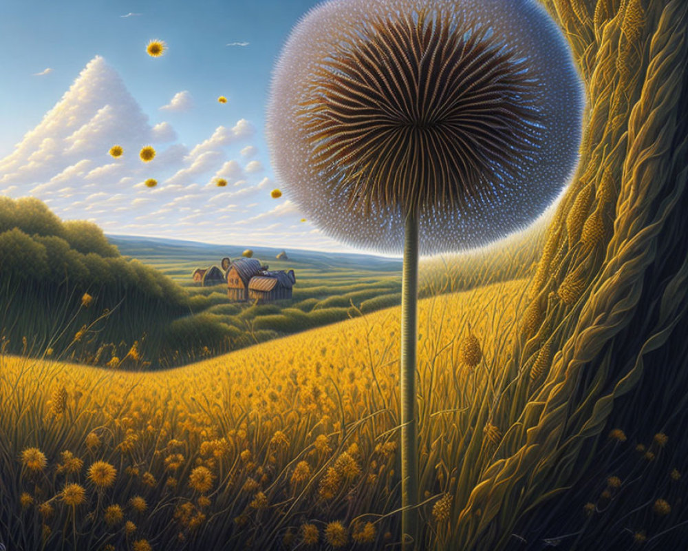 Surrealist landscape with oversized dandelion, tiny houses, and wheat fields