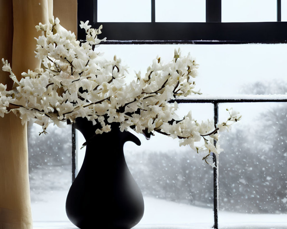 Black vase with white flowers on windowsill against snowy backdrop