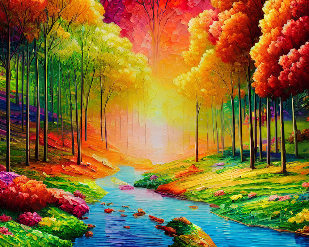 Colorful forest painting with stream and bright background