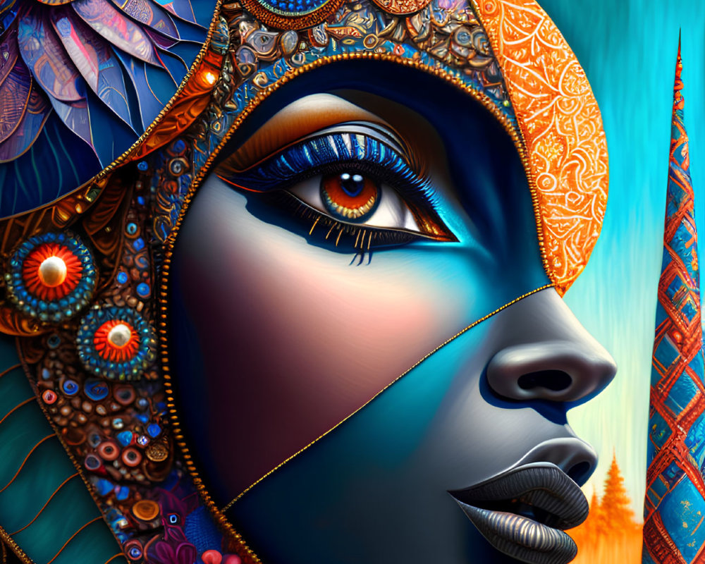 Colorful digital artwork of woman with blue-hued face and intricate patterns.