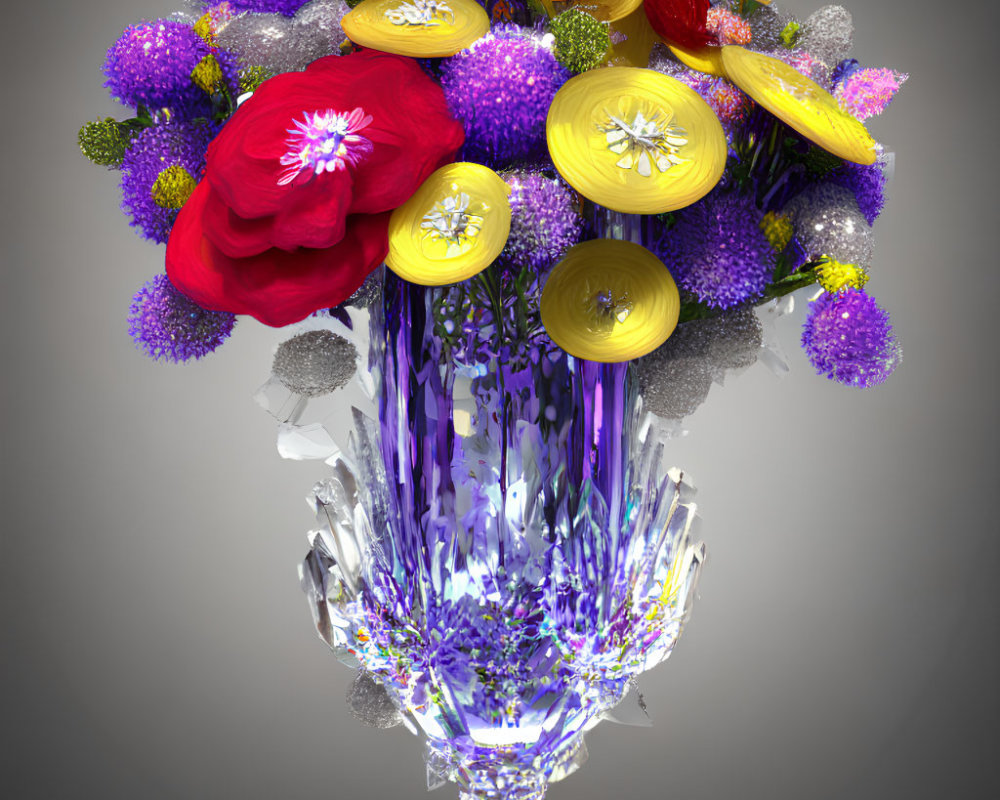 Vibrant flowers and succulents in crystal vase on neutral backdrop