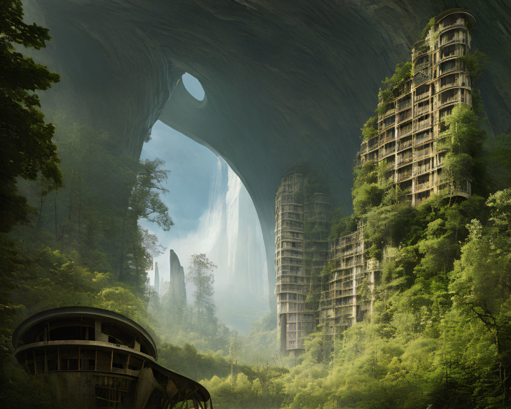 Sunlit cavern with lush forest and futuristic buildings merging into nature