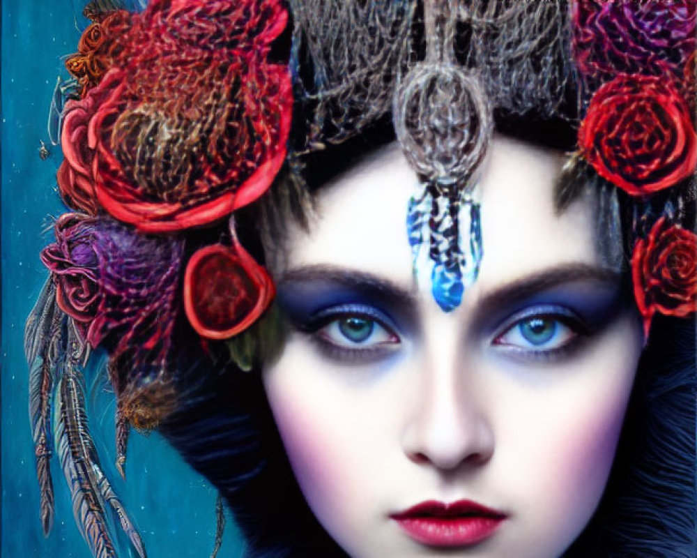 Portrait of Woman with Pale Skin and Bold Blue Eye Makeup in Ornate Headdress Against Blue Backdrop