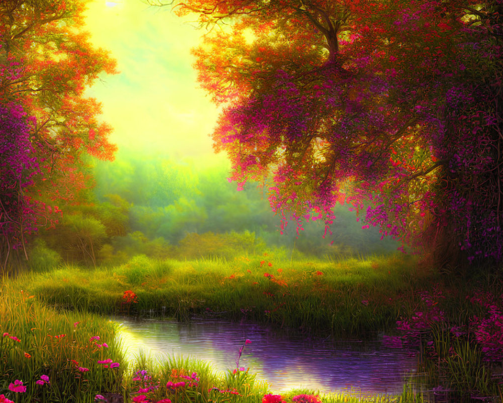 Colorful Sunlit Forest with Pink Flowering Trees and Serene Pond