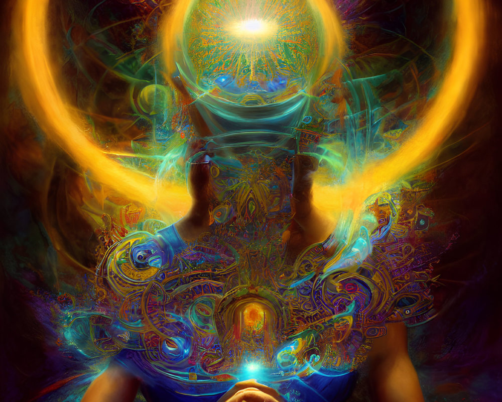 Abstract image of person meditating with glowing patterns and energy rings