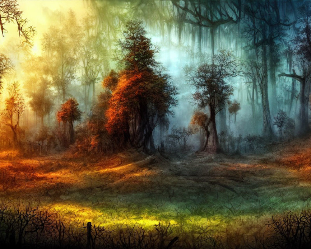 Enchanted forest with autumn foliage and mysterious fog