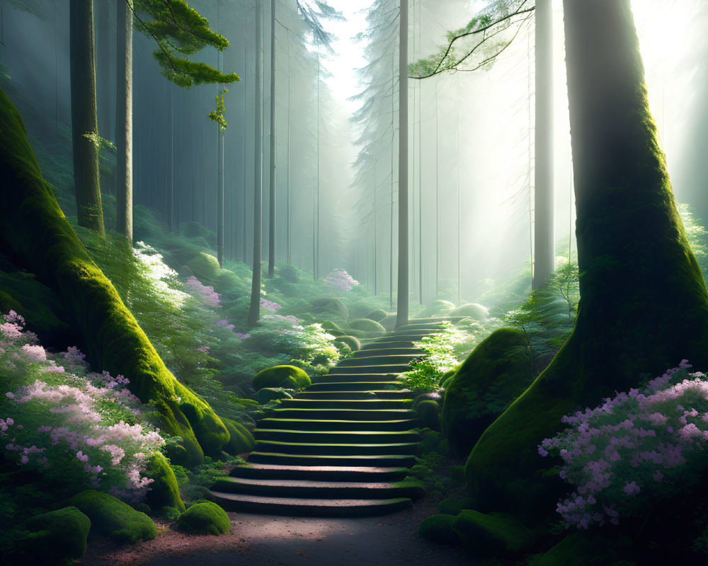 Tranquil Forest Path with Sunlight, Moss-Covered Rocks, and Pink Flowers