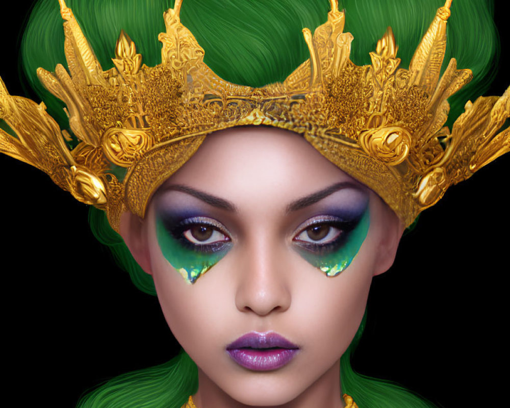 Digital artwork featuring woman in green and gold headdress with teardrop gems and regal golden collar