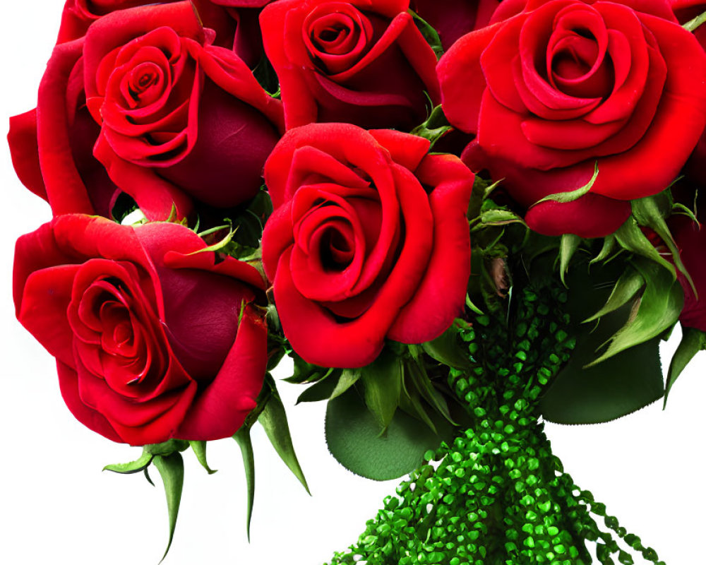 Red Roses Bouquet with Greenery on White Background