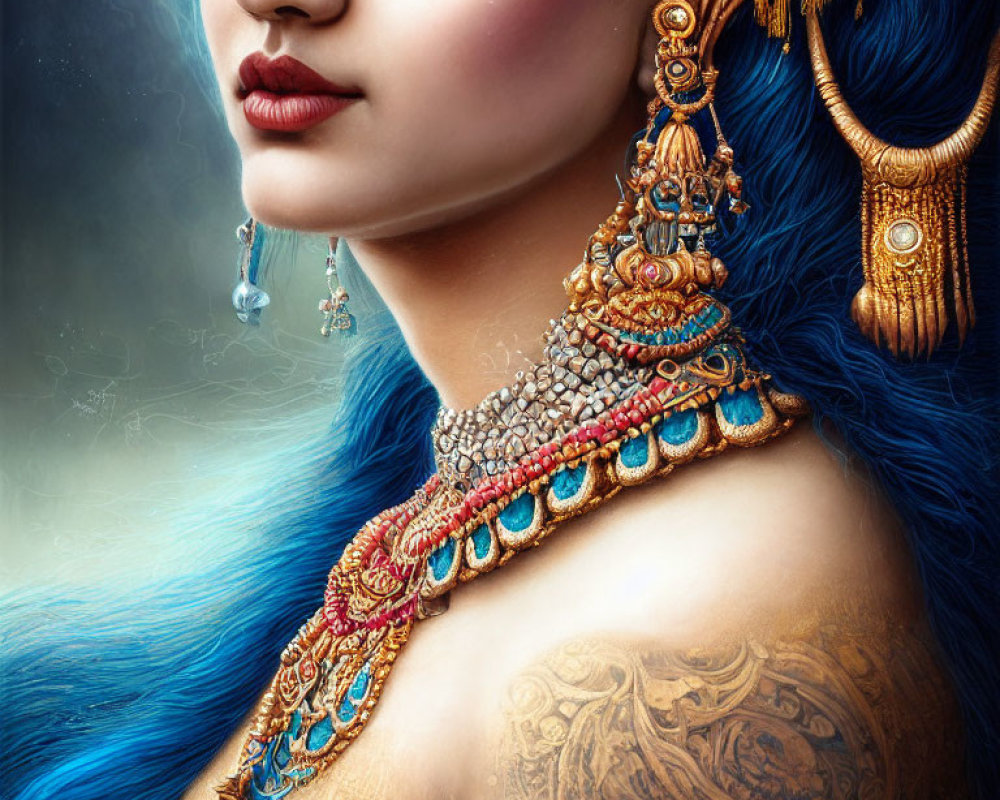 Portrait of a Woman with Blue Hair and Intricate Golden Jewelry