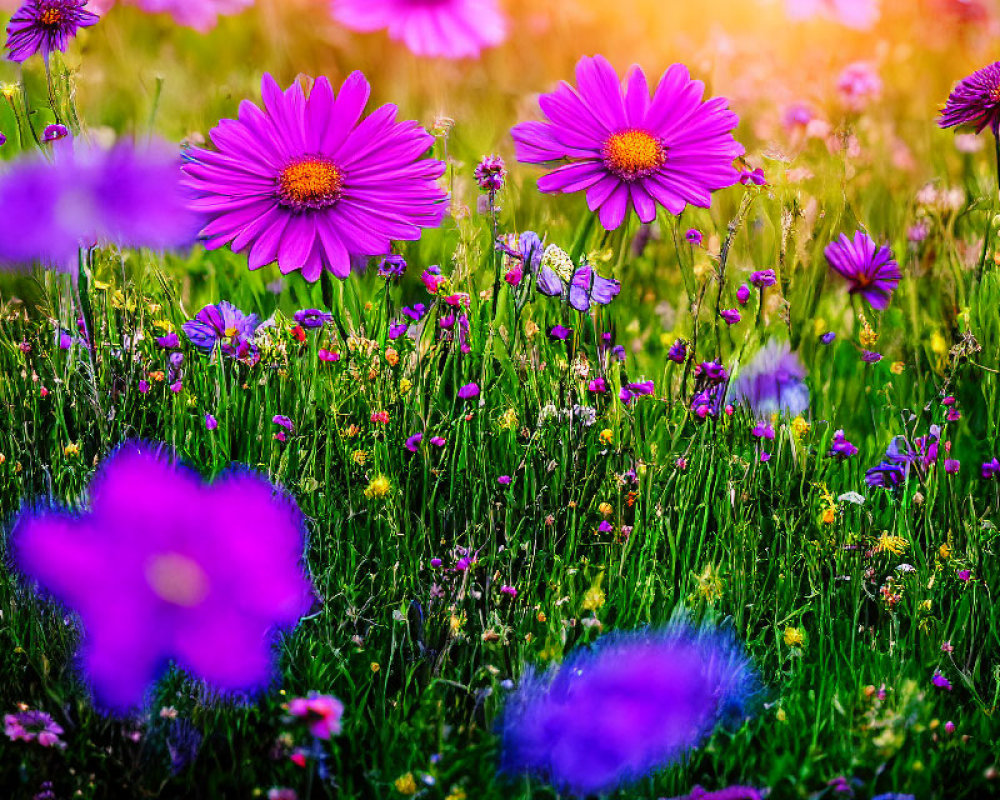 Colorful Purple and Pink Flowers in Lush Green Field with Soft Sunlight