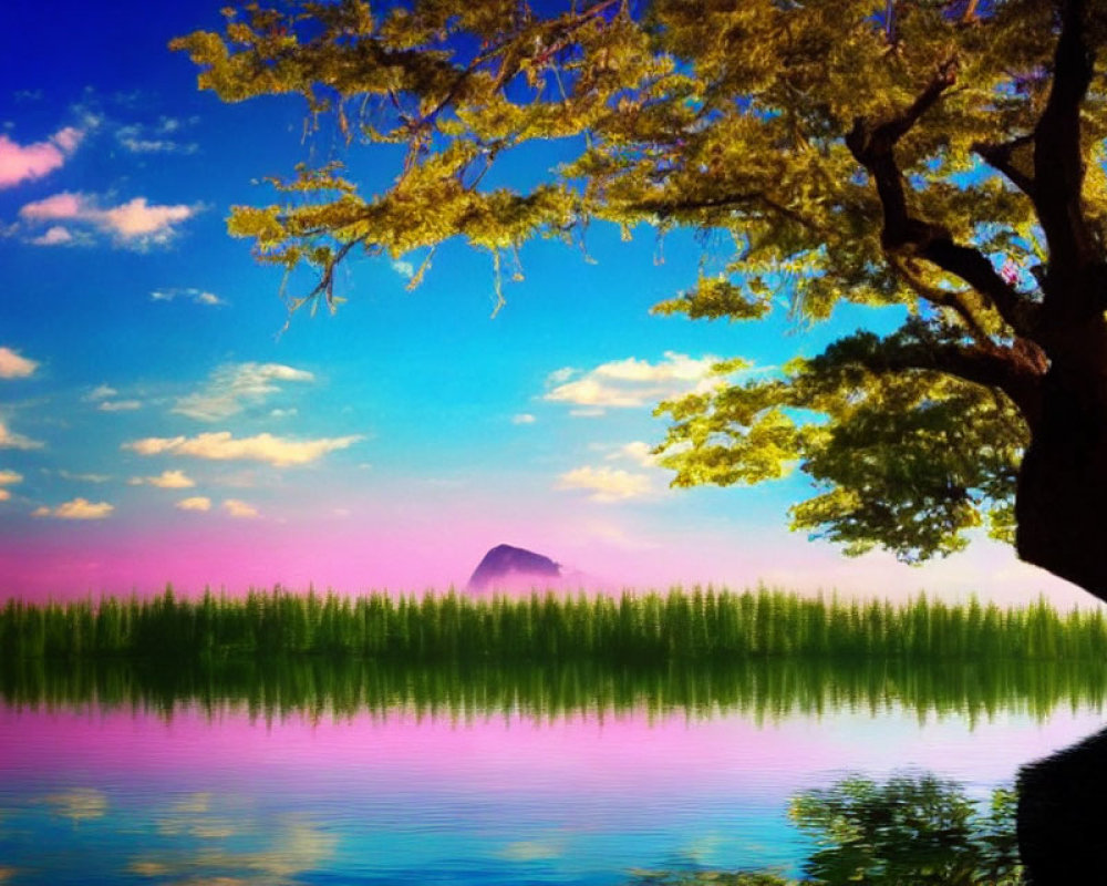 Colorful Dusk Landscape with Tree, Reflective Lake, and Mountain