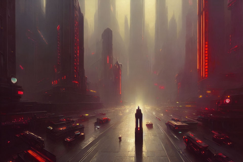 Solitary figure in futuristic cityscape with neon lights and skyscrapers