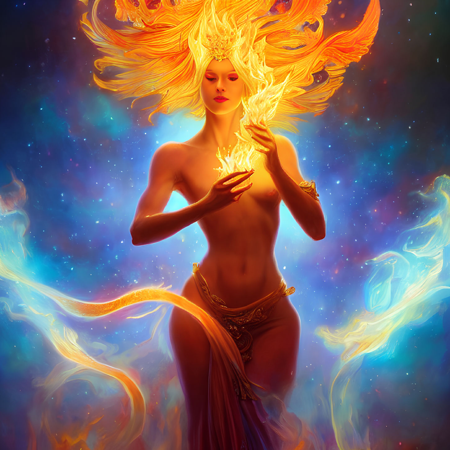 Fiery-haired goddess in cosmic setting with flaming light