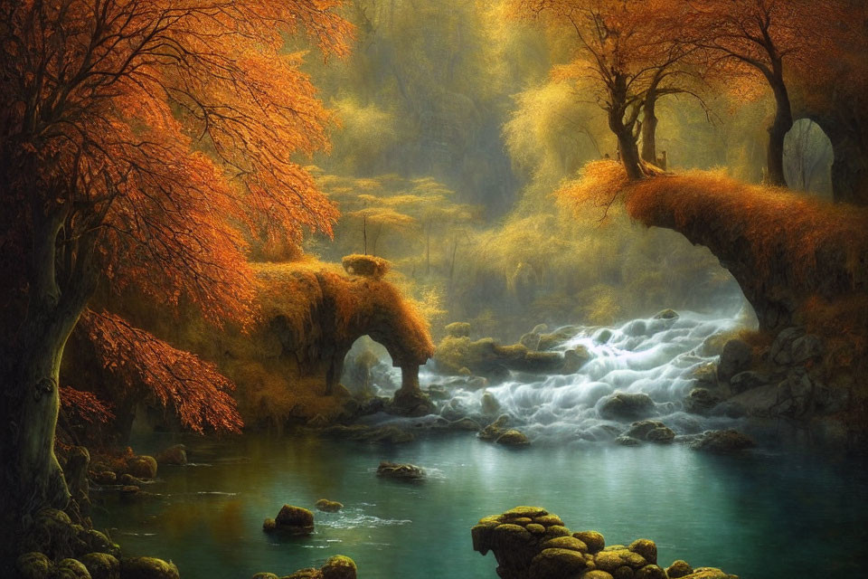 Tranquil autumn landscape with golden foliage, stream, and stone bridge