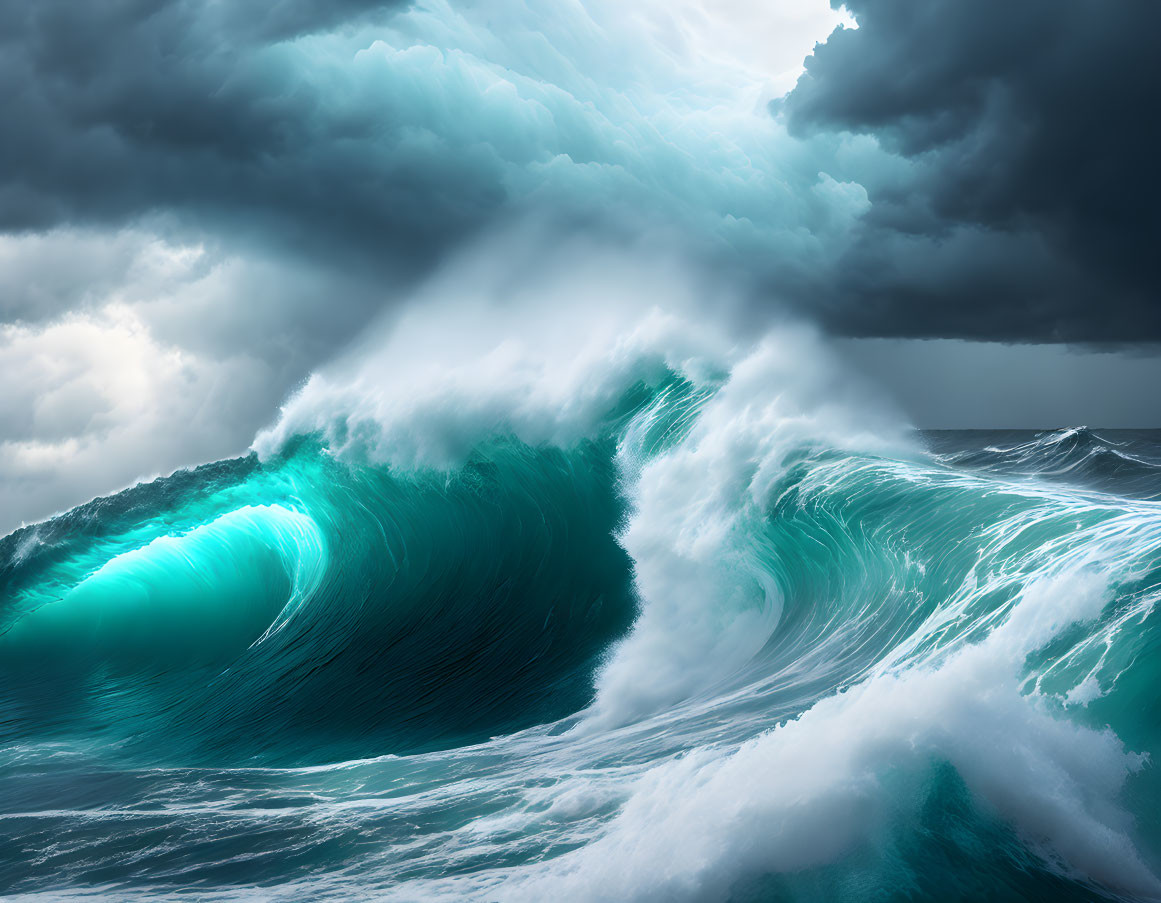 Towering Wave Cresting with Hollow Barrel Against Stormy Sky