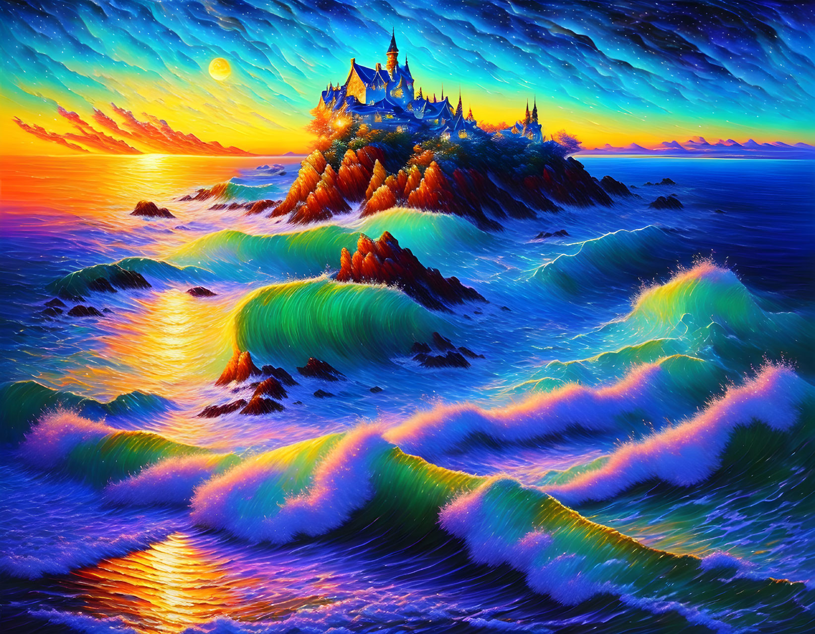 Scenic sunset over turbulent ocean waves with castle on island under dramatic sky