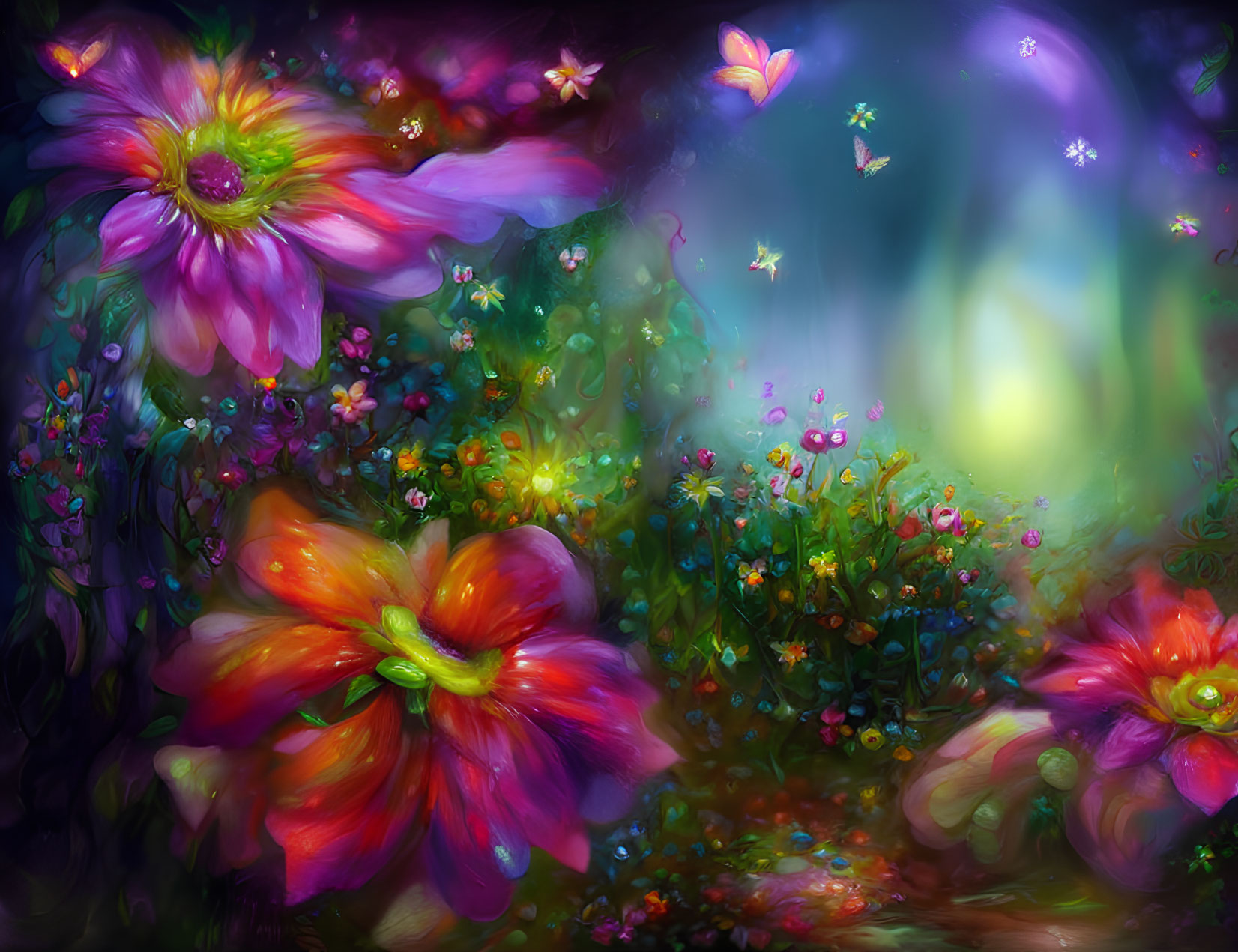 Colorful digital painting of mystical garden with oversized flowers and butterflies in dreamy background