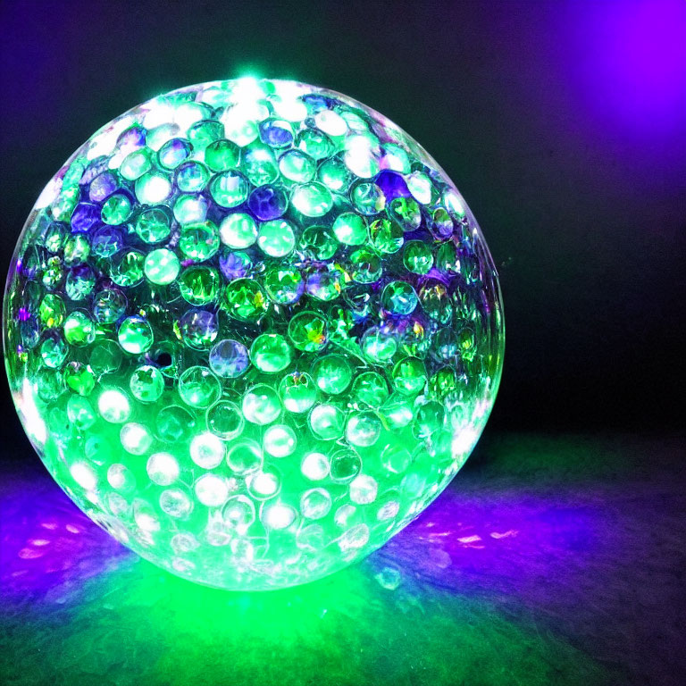 Shimmering green and purple sphere with reflective beads