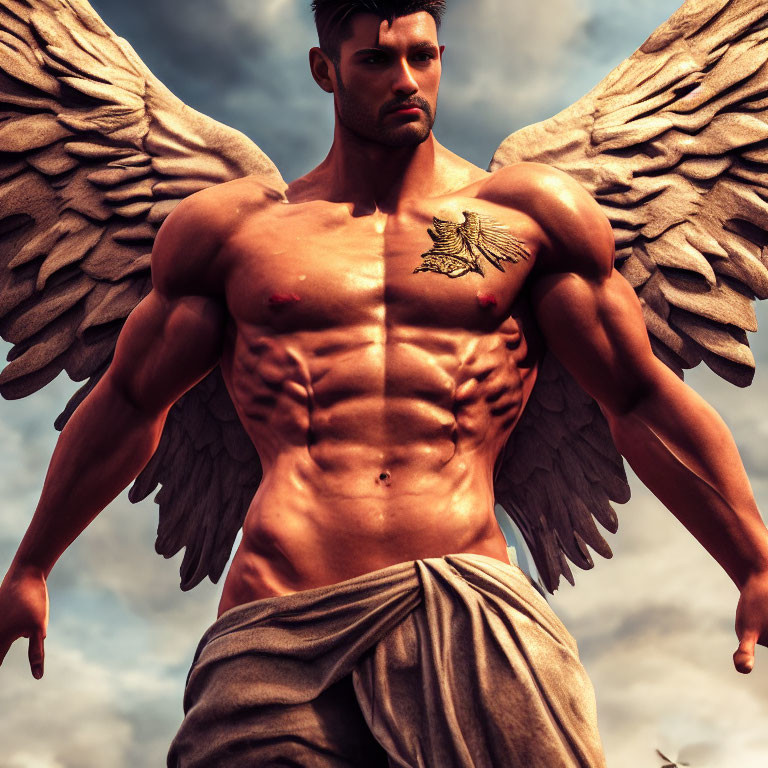 Muscular Figure with Angelic Wings and Chest Tattoo under Cloudy Sky