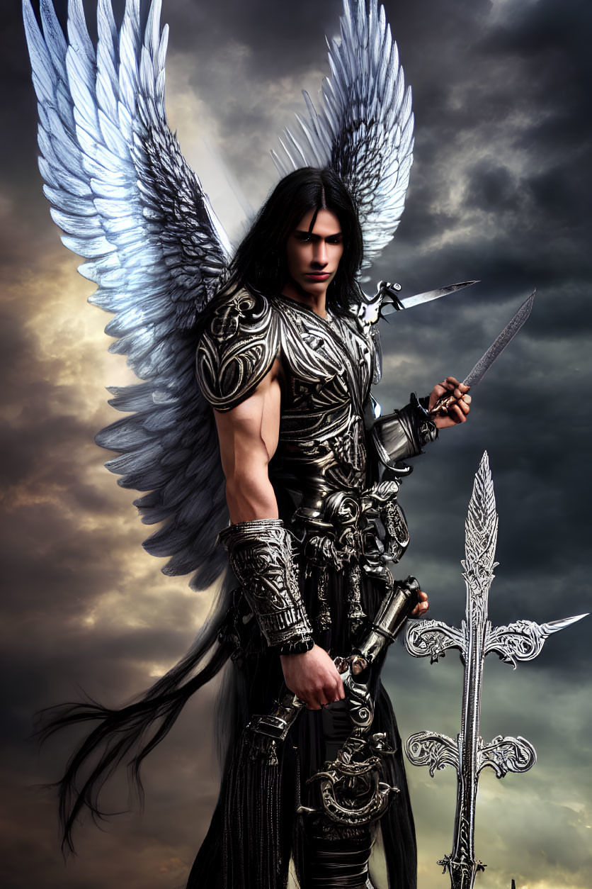 Imposing figure with white wings and sword against dramatic sky