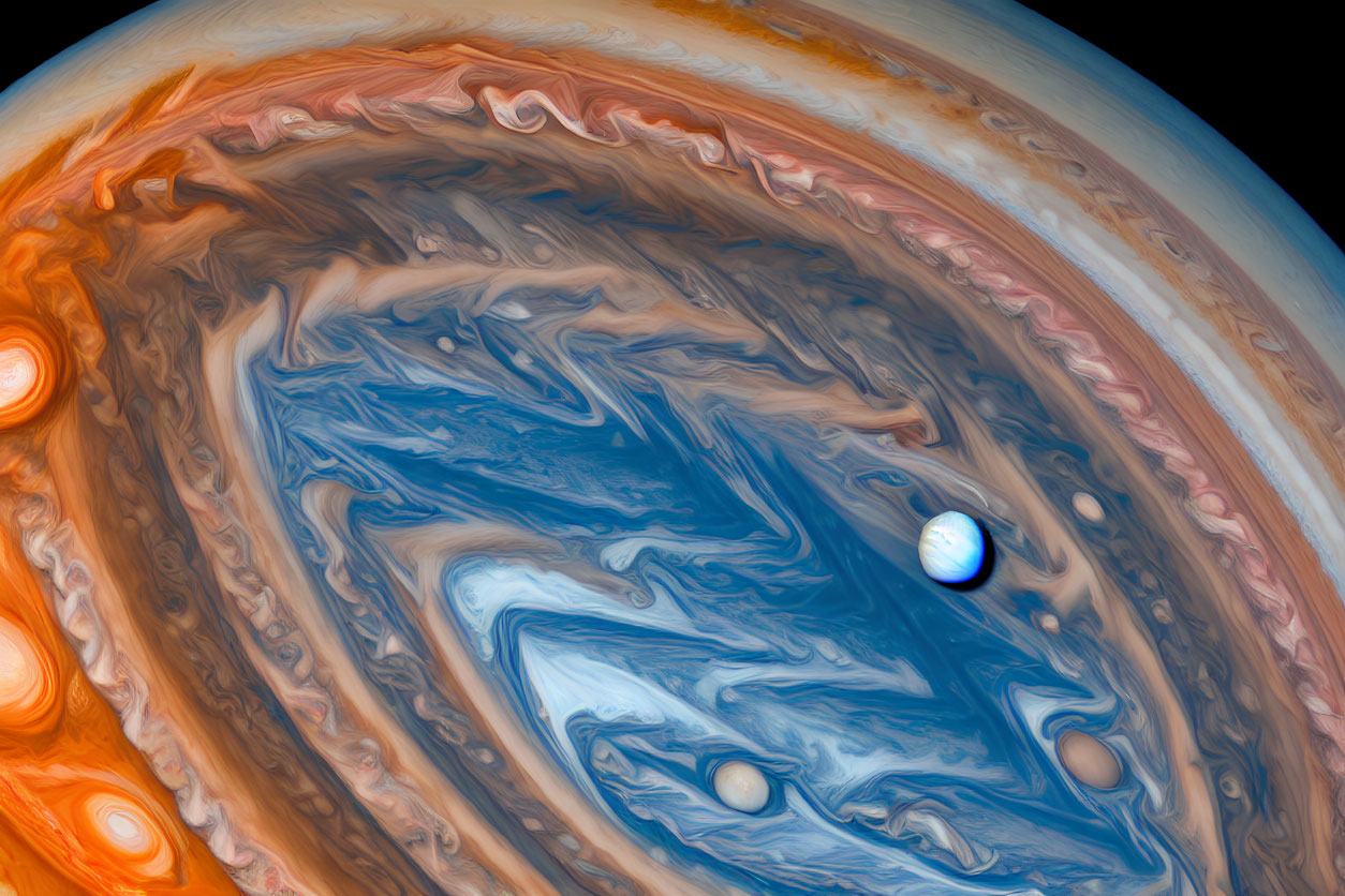 Close-Up View of Jupiter's Swirling Blue Storm