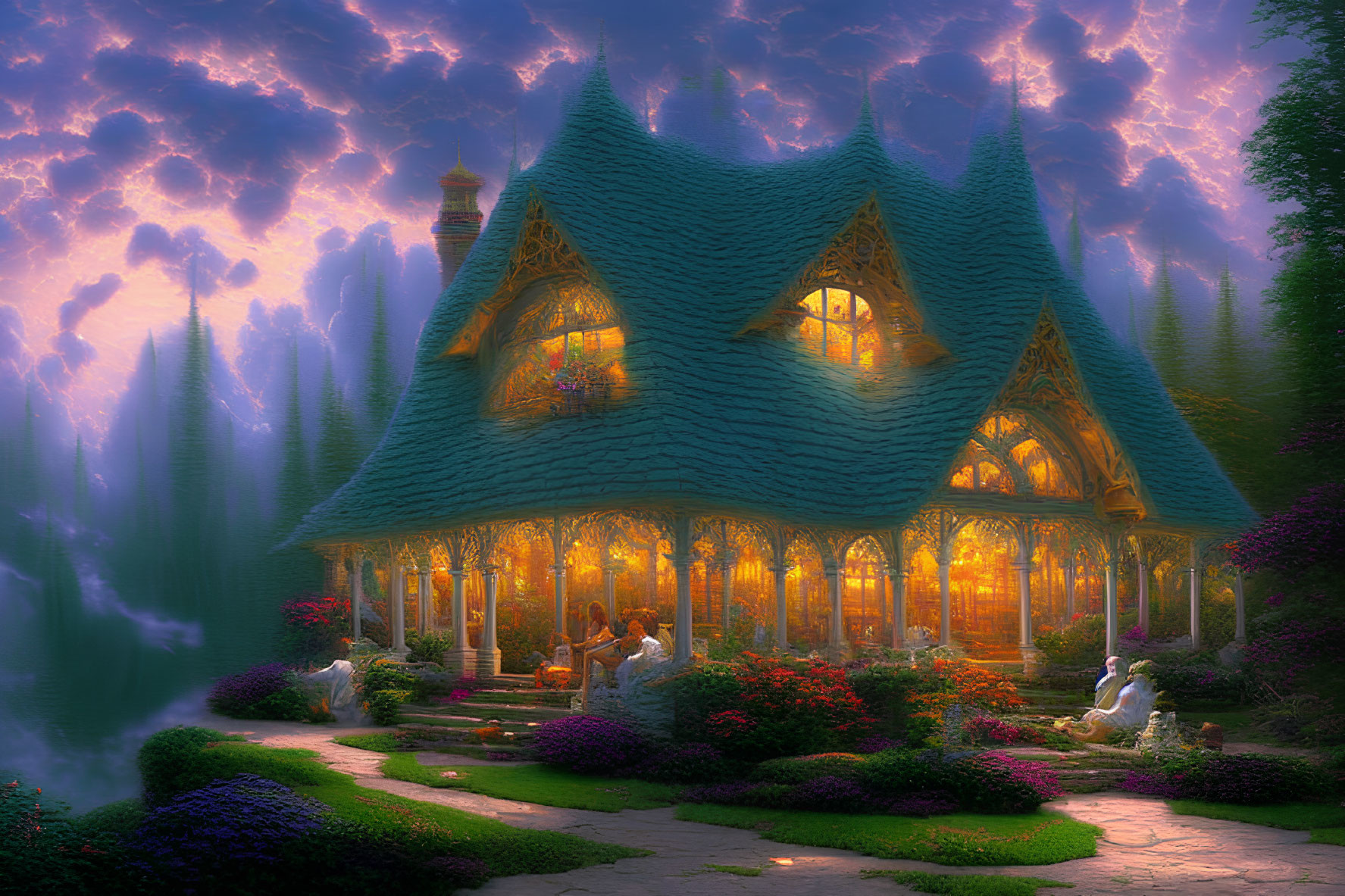 Enchanting forest cottage under twilight sky