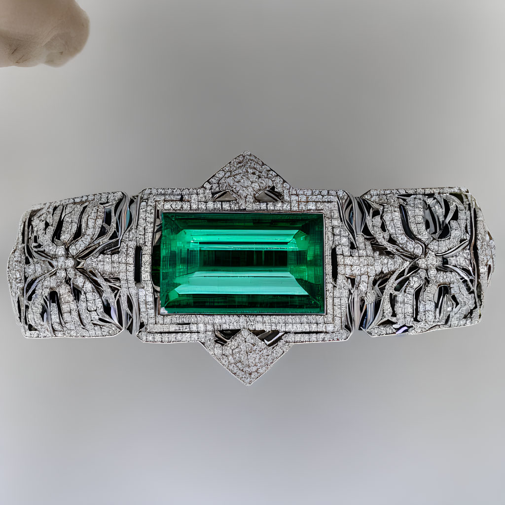 Rectangular Emerald Bracelet with Diamond Patterns in White Gold or Platinum