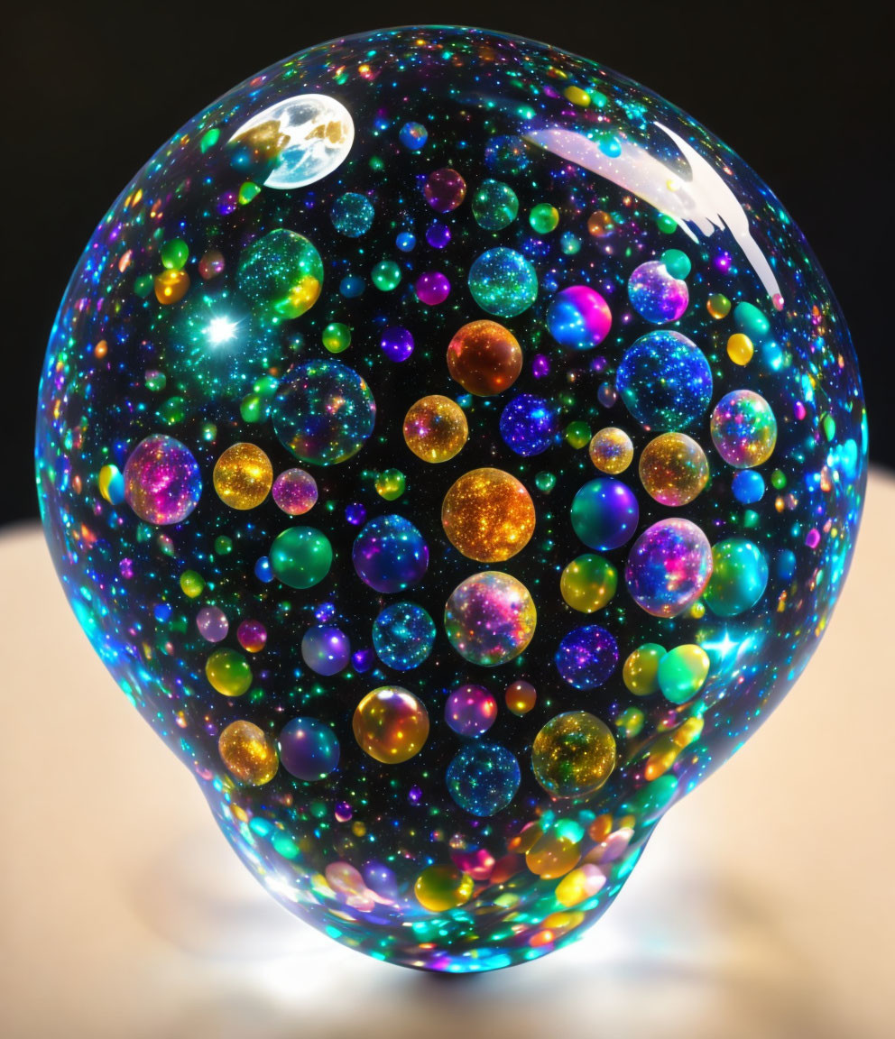 Multicolored bubble glass paperweight resembling cosmic galaxy