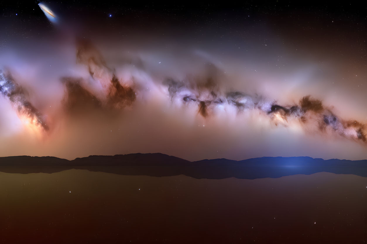 Starry Night Sky with Glowing Comet Over Silhouetted Mountains