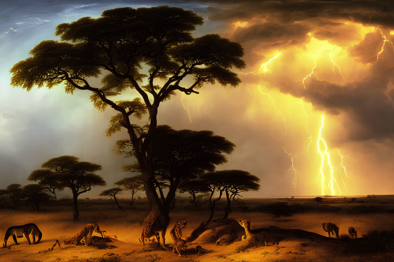 African savannah thunderstorm with cheetahs, elephant, and acacia trees