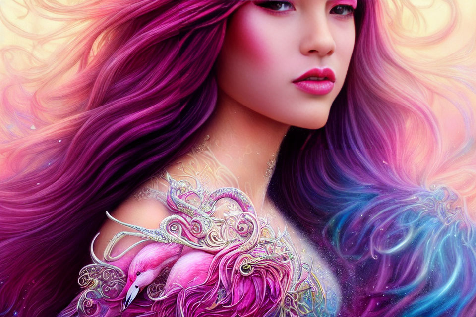 Colorful illustration: woman with pink and purple hair and ornamental bird design