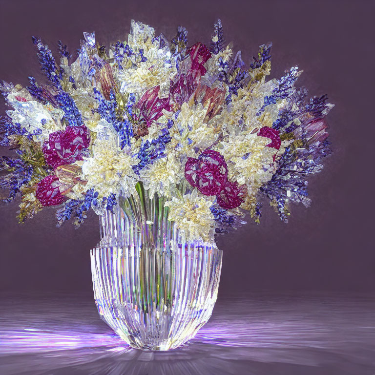 Colorful Flower Bouquet in Crystal Vase on Purple Background