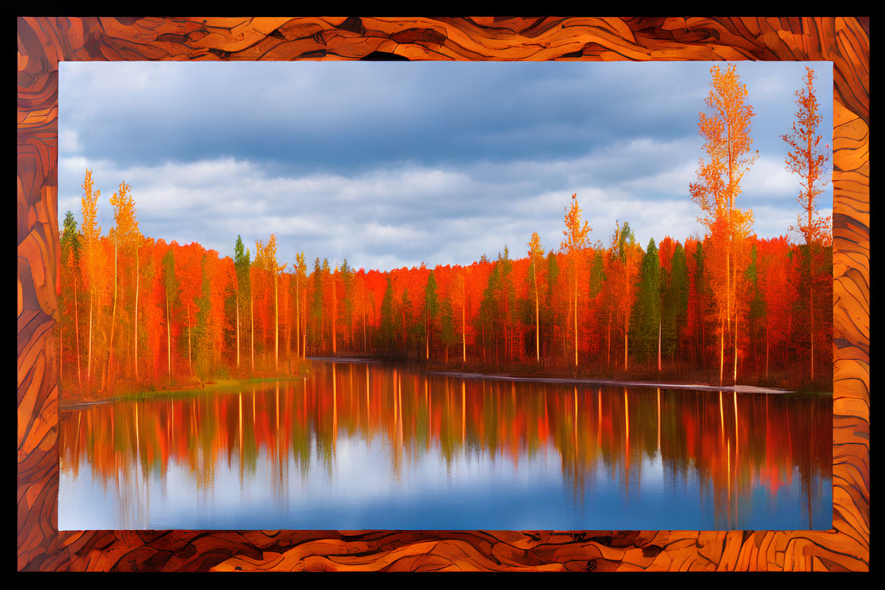 Colorful autumn trees mirrored in serene lake under cloudy sky in wooden frame