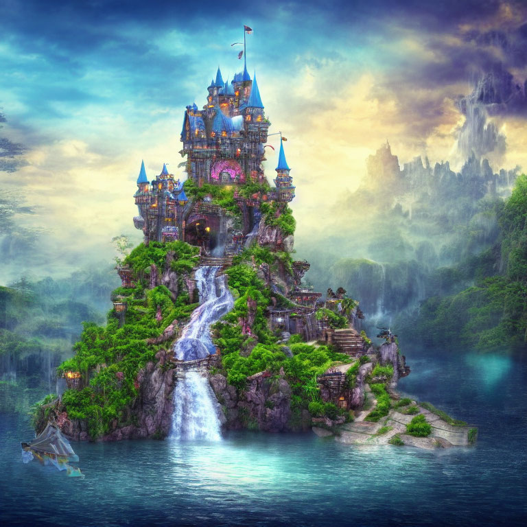 Fantastical castle on lush island with waterfalls in misty lake twilight scenery