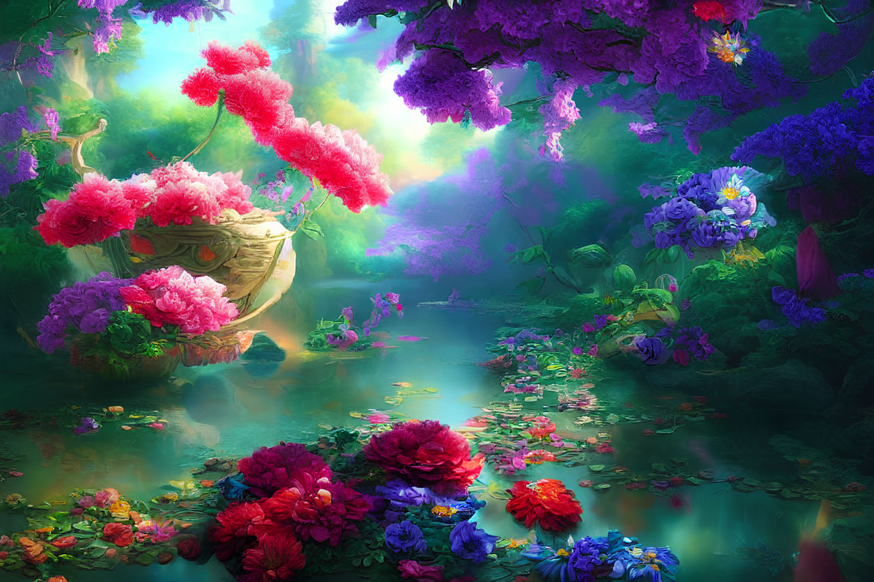 Colorful Fantasy Garden with Overflowing Boat of Flowers, Luminous Trees, Misty Atmosphere