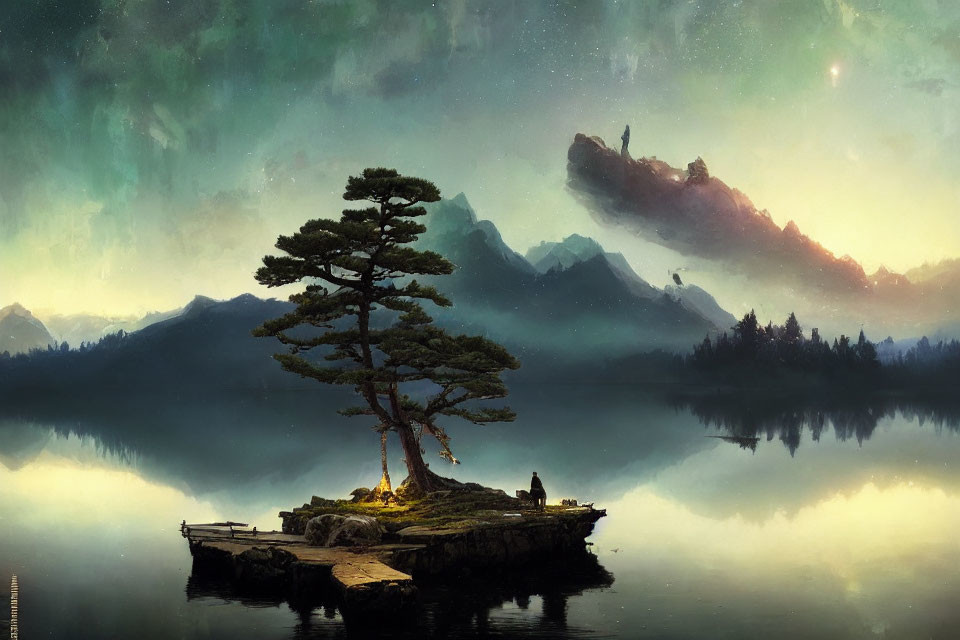 Tranquil landscape with lone tree, campfire, figure, lake, mountains, starry sky