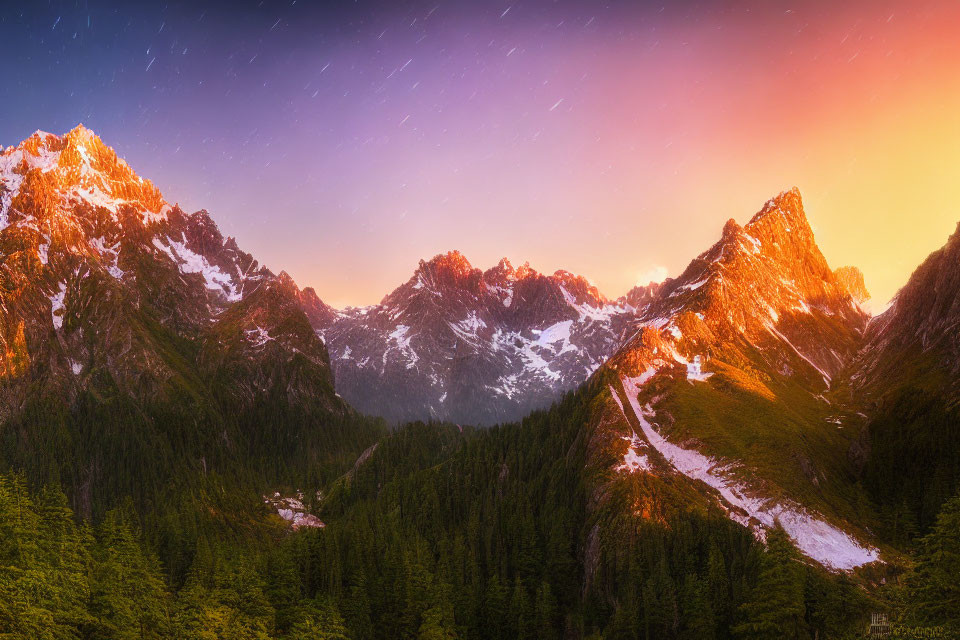 Mountain Peaks at Sunset with Star Trails and Forest in Warm Light